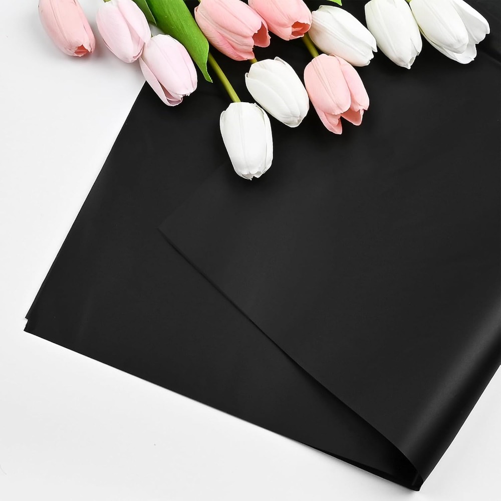 Florist Supply Paper - กระดาษห่อดอกไม้เกาหลีแบบโปร่งแสงกันน้ำ 20 แผ่น ลายดอกไม้สีดำ สำหรับห่อของขวัญ ช่อดอกไม้