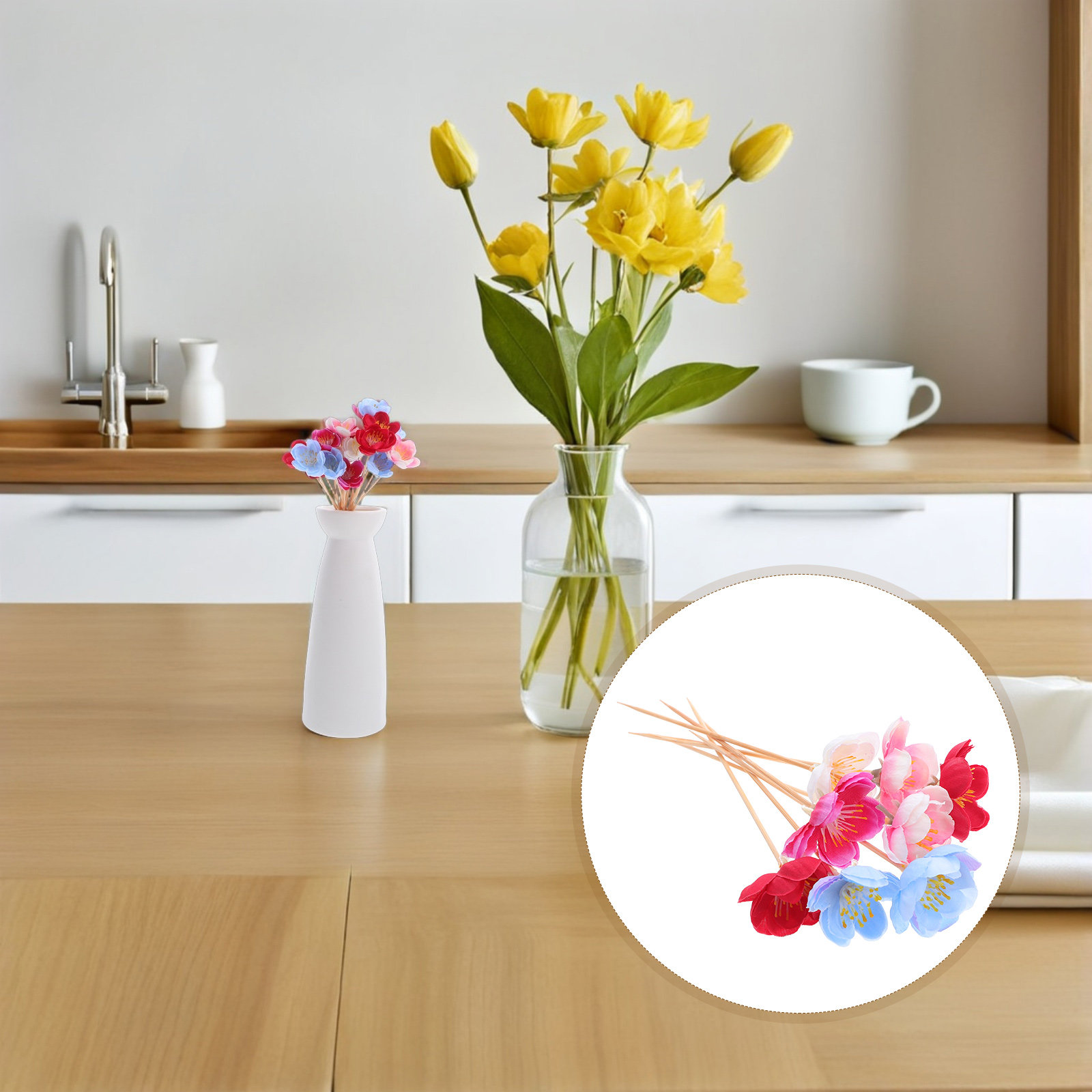 Floral Picks Wood - ไม้เสียบผลไม้ลายดอกไม้ 100 ชิ้น แข็งแรง ทนทาน ลายดอกพลัมและดอกพีช