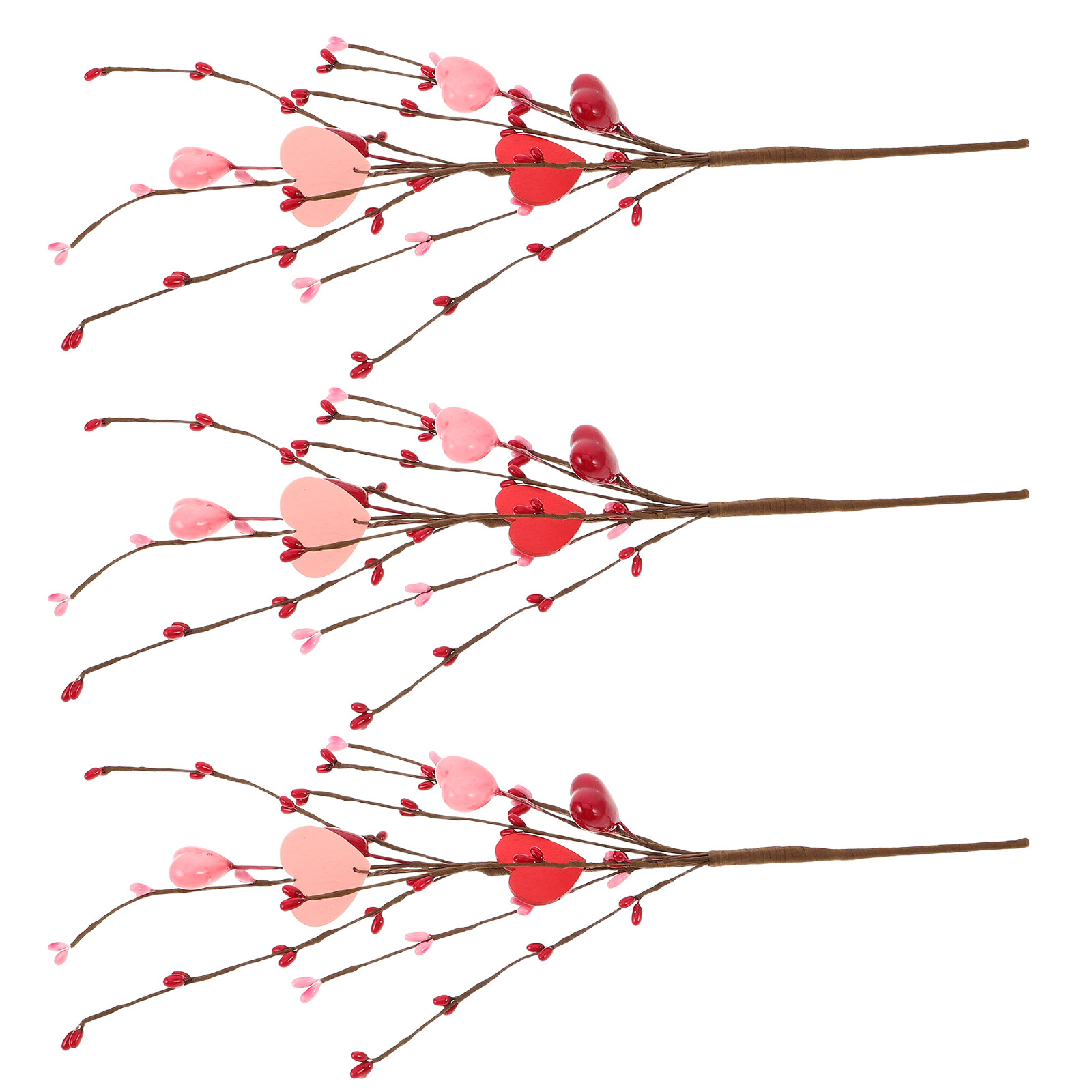 Floral Picks Wood - กิ่งไม้ประดับรูปหัวใจ 3 ชิ้น กิ่งไม้ประดับดอกไม้เทียมสำหรับวันวาเลนไทน์ พร้อมผลเบอร์รี่ ทำจากโฟม