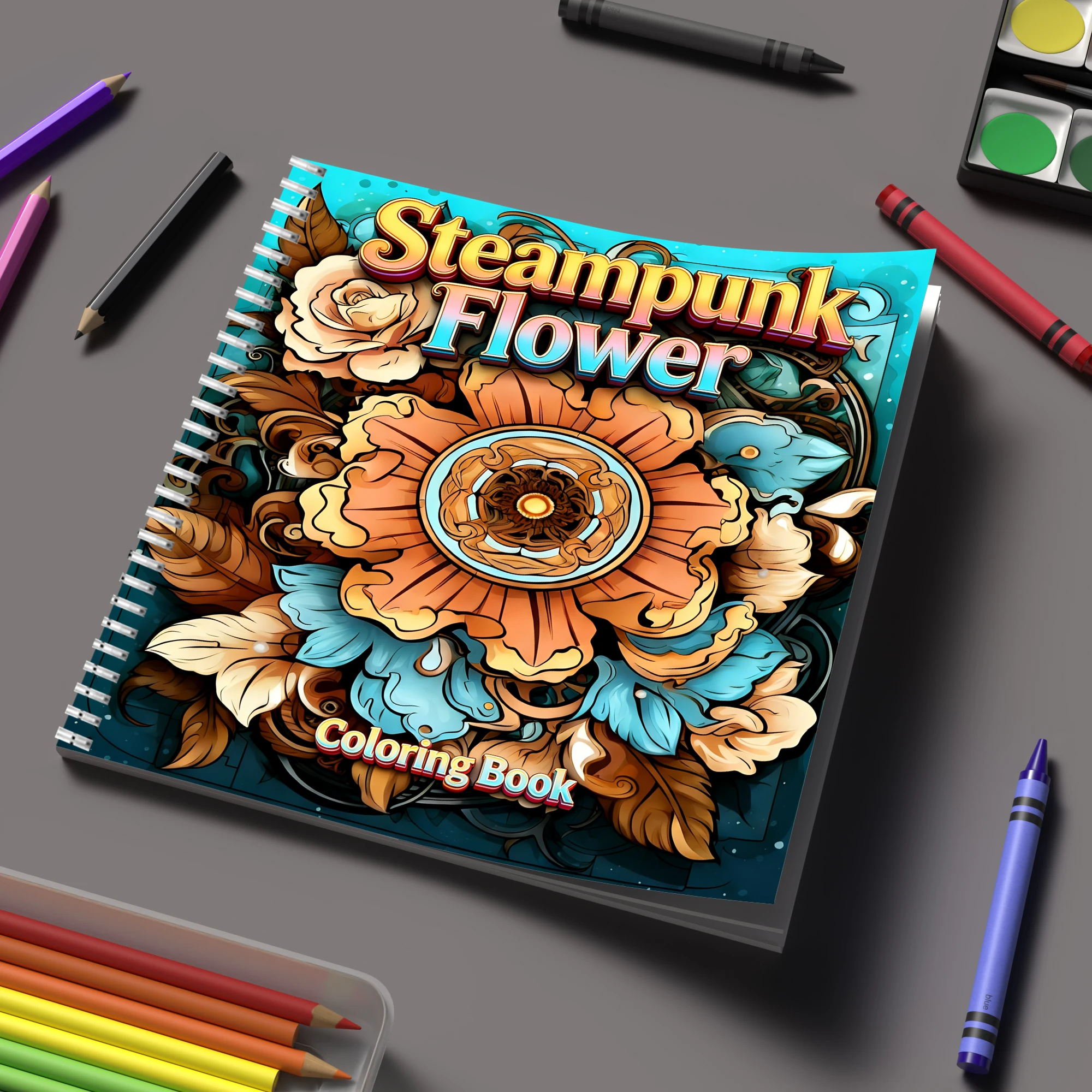Flower Supply - สมุดระบายสีดอกไม้สไตล์สตีมพังก์สำหรับสมุดระบายสีสำหรับผู้ใหญ่, ของขวัญวันเกิด, อุปกรณ์กลับไปโรงเรียน, สมุดวาดภาพน่ารักสำหรับผู้ใหญ่