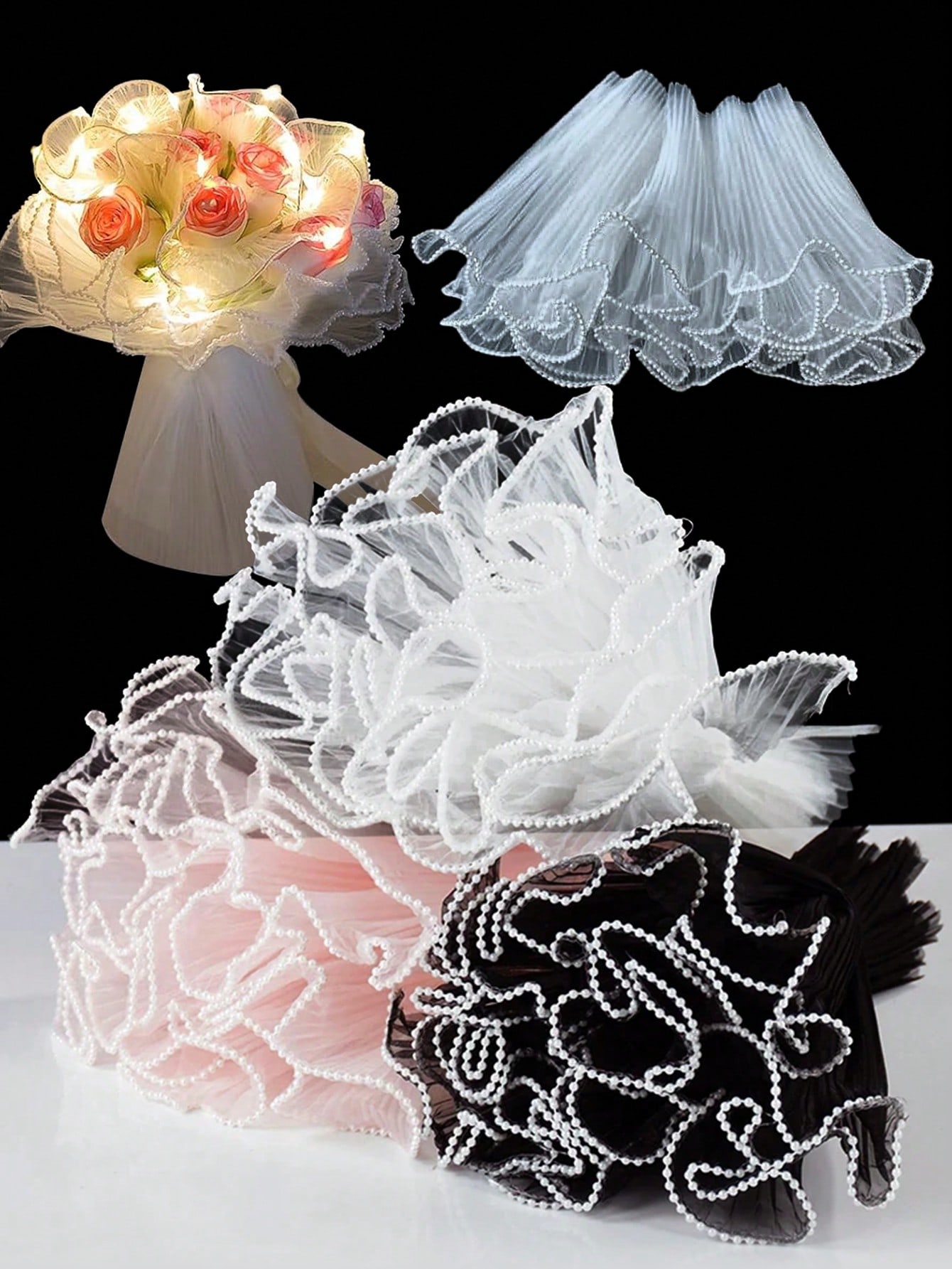 Florist Supply Paper - กระดาษตาข่ายห่อดอกไม้ขอบมุกเทียม 4 หลา, กระดาษห่อช่อดอกไม้, ผ้าตาข่ายย่นหยักสำหรับงาน DIY,